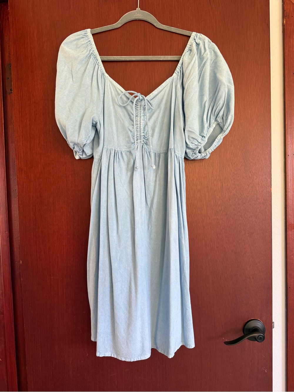 Light Blue Puff Sleeve Tie-Front Dress